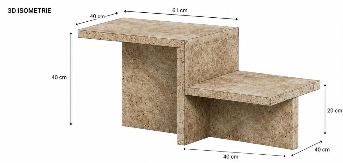 Technische 3D-Isometrie mit Maßangaben des Travertine Living Beistelltisches